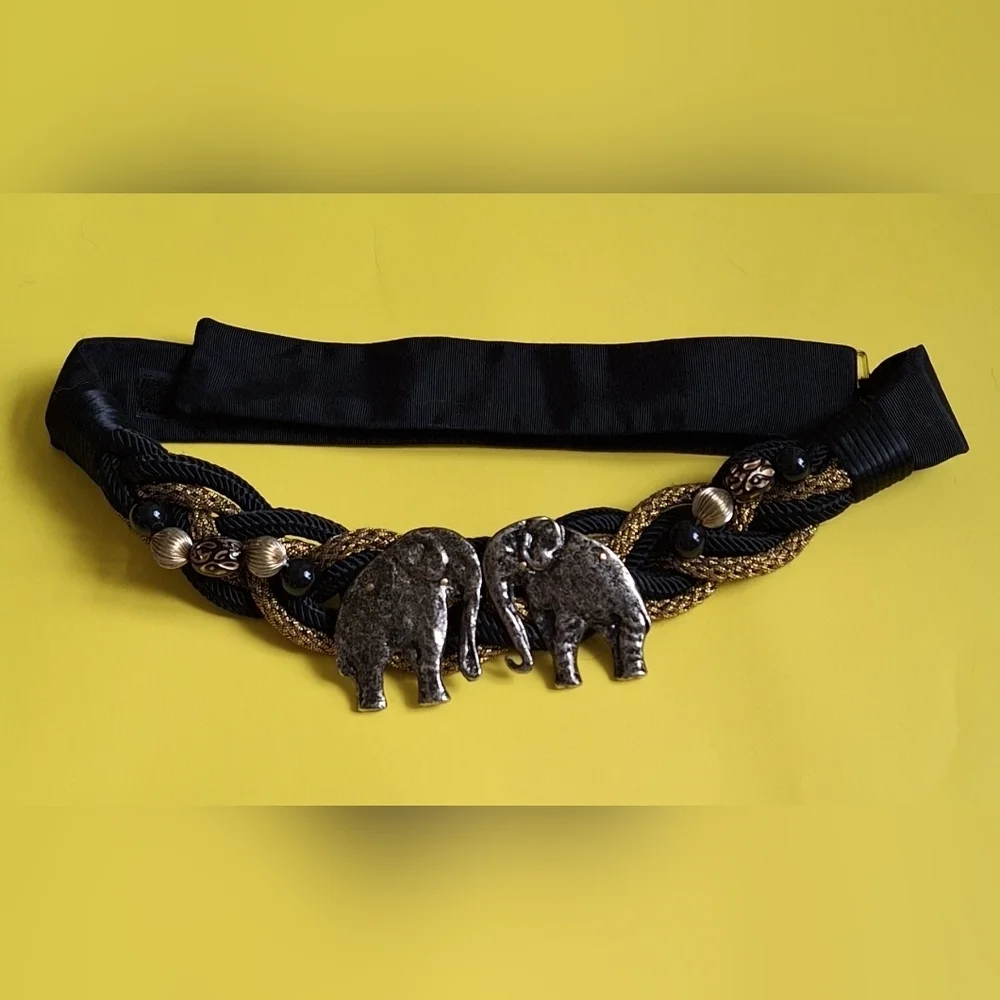 Vintage Carolyn Tanner Elephant Statement Belt – Black & Gold Braided Adjustable